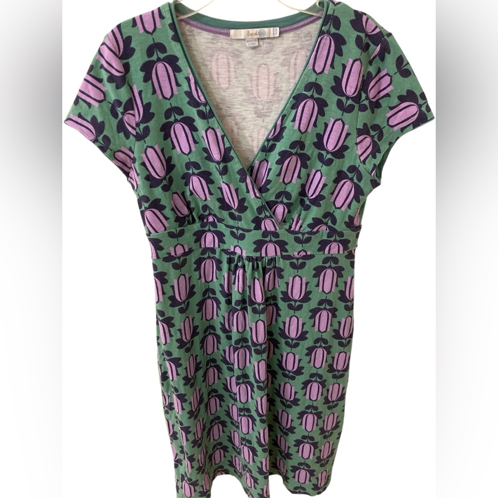 BODEN Tulip Print Faux Wrap Knit Dress Green / Purple Size 8